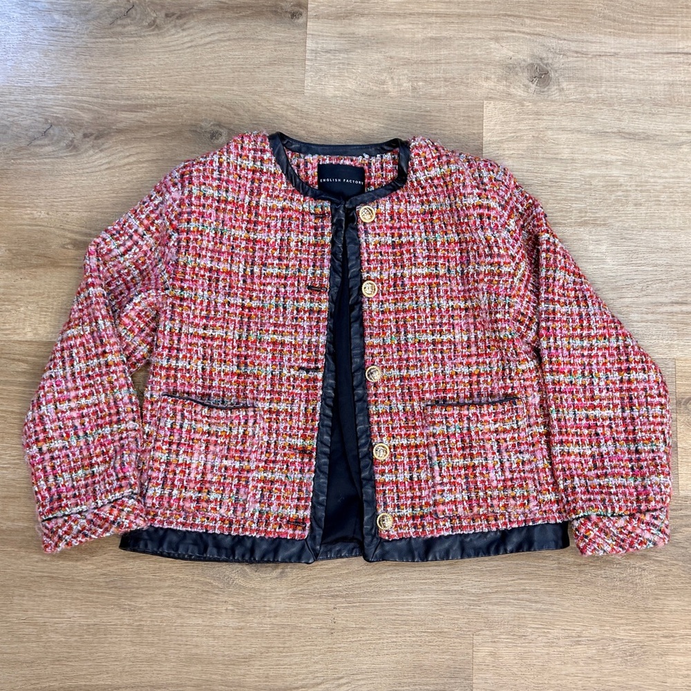 English Factory Faux Leather Trim Tweed Jacket